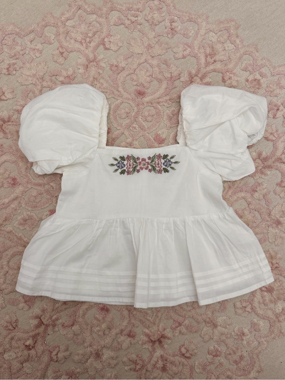 White Puff-Sleeve Embroidered Girl’s Peplum Top